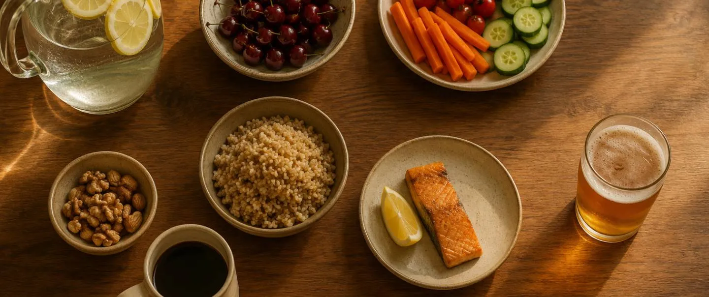 Mesa con agua con limón, cerezas, verduras, quinoa y un plato de salmón, junto a una caña de cerveza