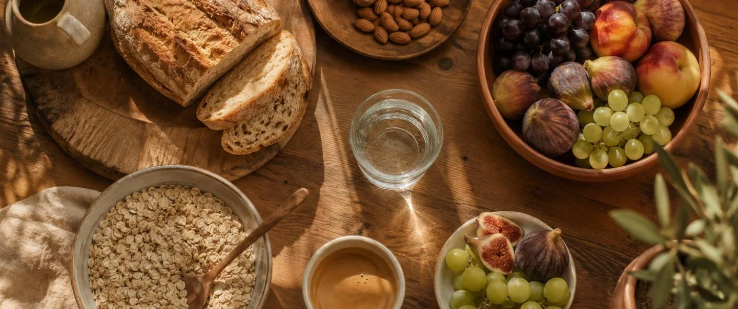 Mesa de desayuno mediterráneo junto a una ventana, con luz cálida de mañana