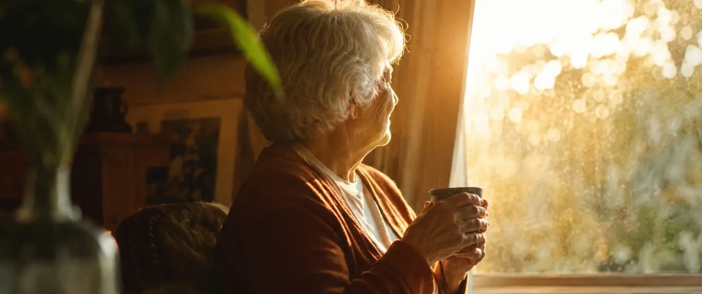 Persona mayor sentada junto a la ventana de su casa conversando, con luz cálida de tarde