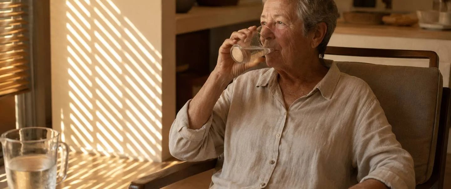 Persona mayor descansando a la sombra en un salón fresco, con un vaso de agua en la mesa y luz suave de verano