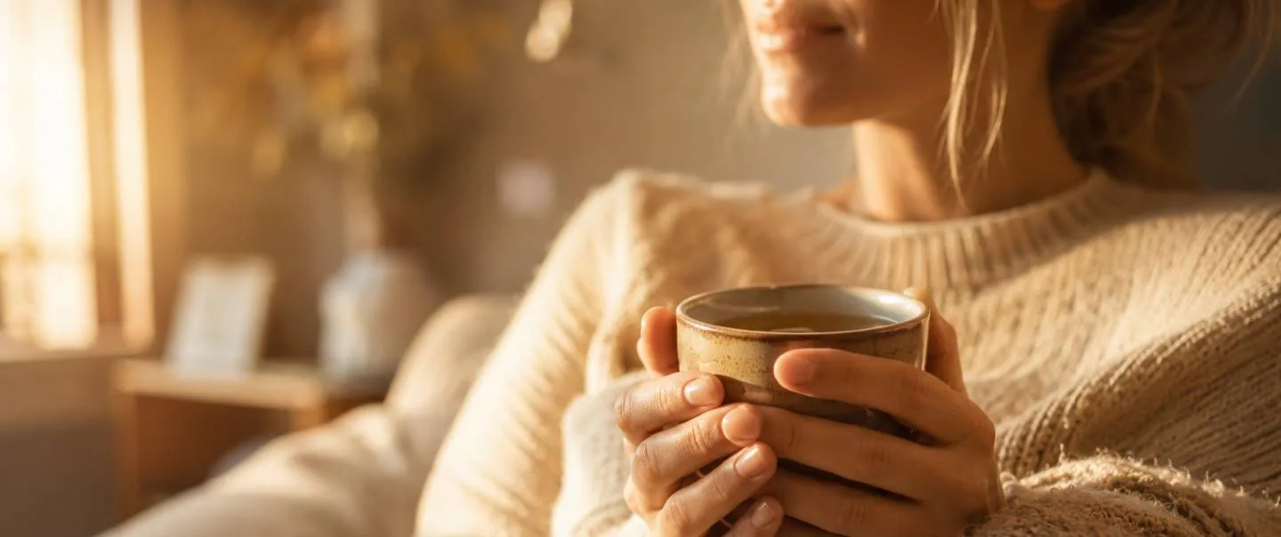 Mujer joven descansando en el sofá de casa con una manta y una infusión, en la luz suave de la tarde
