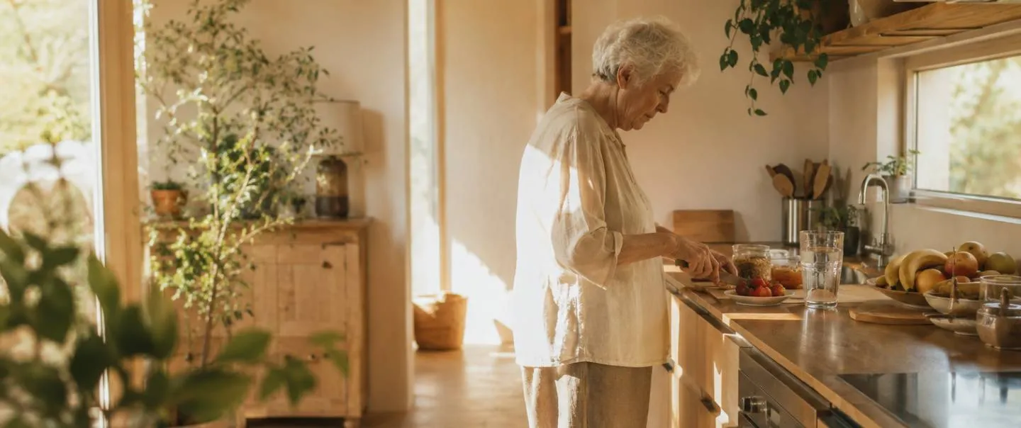 Mujer mayor preparando fruta y agua en la encimera de su cocina, con luz de la mañana