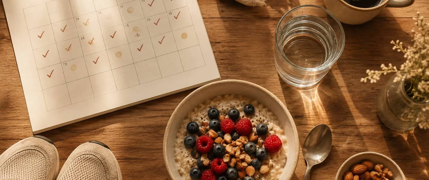 Calendario del mes junto a un desayuno de avena con frutos rojos y frutos secos sobre una mesa de madera