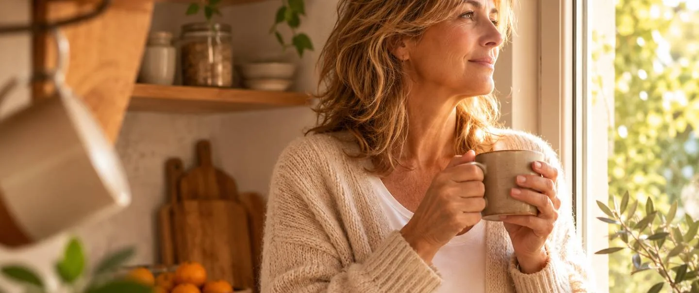 Mujer de mediana edad con chaqueta de punto junto a la ventana de la cocina, con una taza entre las manos