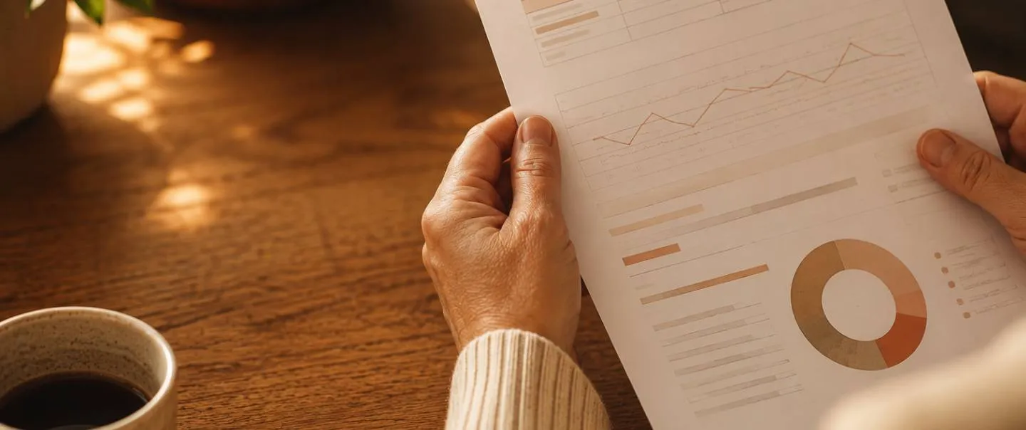 Manos sosteniendo el informe de una analítica con gráficas, sobre una mesa de madera