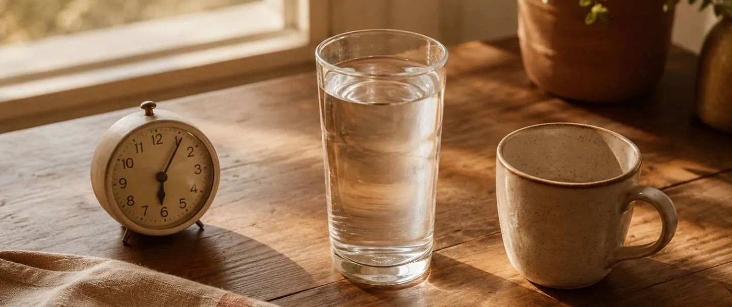 Un vaso de cristal sobre una mesa de madera iluminada por el sol de la mañana