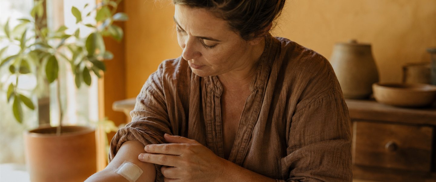Mujer revisando con calma el apósito de su brazo, sentada en casa junto a una planta, con luz cálida