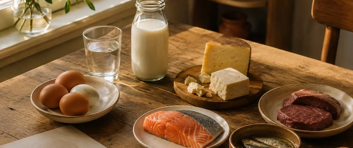 Mesa de casa con un desayuno de alimentos ricos en vitamina B12, en luz cálida