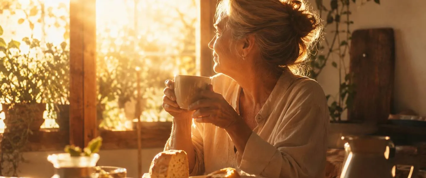 Persona mayor desayunando junto a una ventana soleada, con luz cálida de mañana